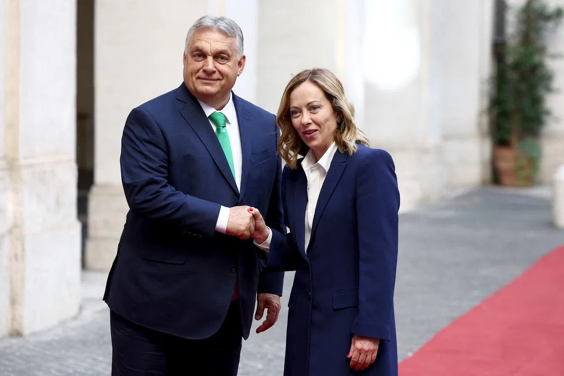 FILE PHOTO: Italian Prime Minister Giorgia Meloni and Hungarian Prime Minister Viktor Orban meet at Palazzo Chigi, in Rome, Italy, June 24, 2024. REUTERS/Guglielmo Mangiapane/File Photo