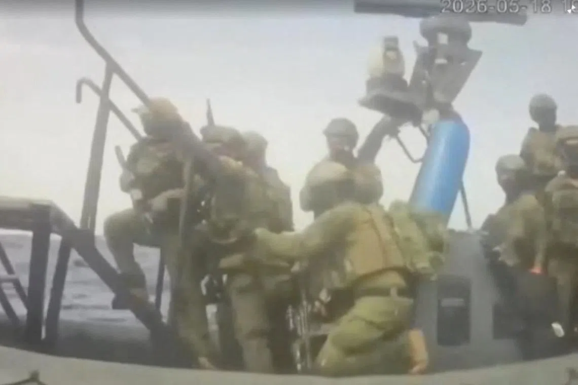 An Israeli naval boat intercepts the Global Sumud Flotilla en route to Gaza, in an attempt to deliver aid, at sea May 18, 2026, in this screengrab taken from a handout video. Global Sumud Flotilla/Handout via REUTERS