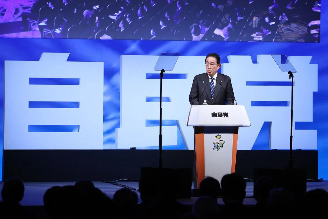 Japanese Prime Minister Fumio Kishida, who is president of the ruling Liberal Democratic Party (LDP), delivers a speech at the 91st LDP convention on March 17, 2024.