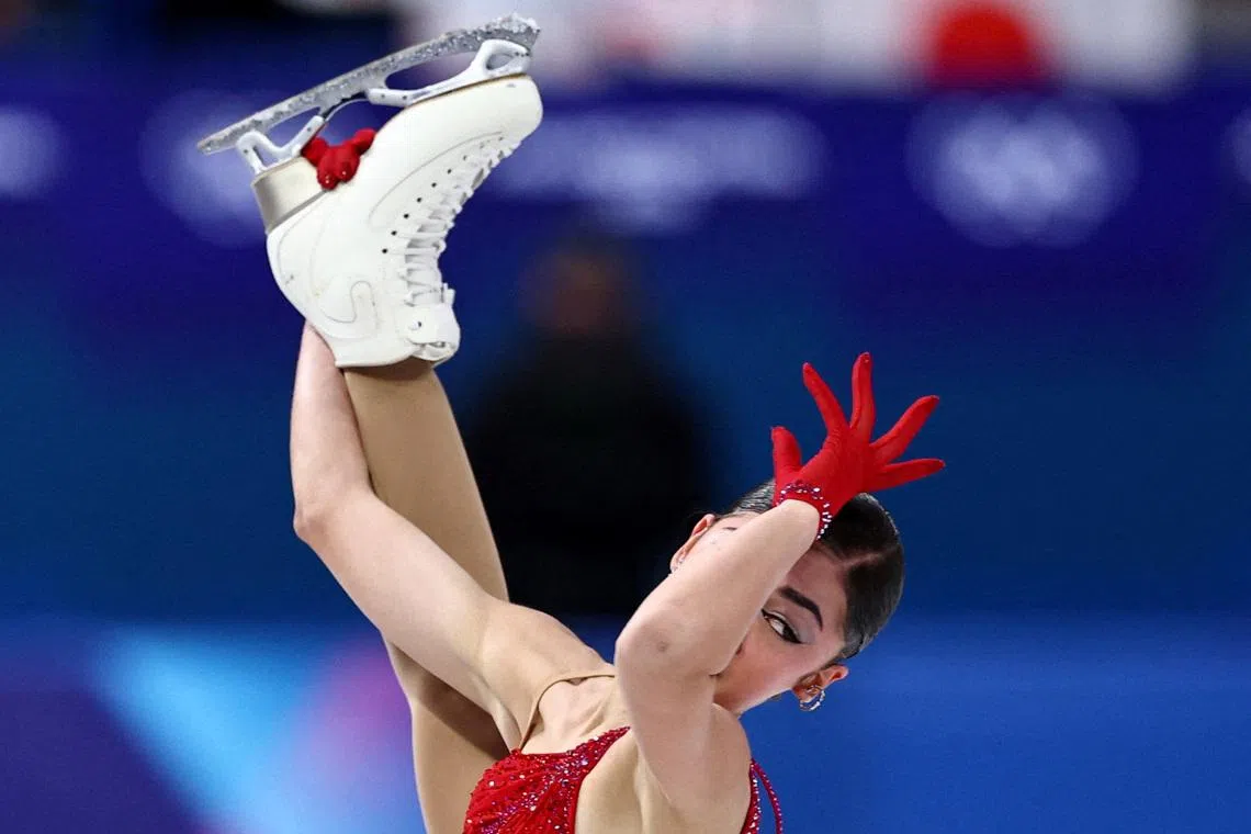 Adeliia Petrosian of AIN performs during the Free Skating during the Milano Cortina 2026 Olympics, at the Milano Ice Skating Arena, in Milan, Italy, on Feb 19, 2026. 
"AIN" refers to the country code for "Individual Neutral Athletes", referred to as Athlètes Individuels Neutres in French. The team consists of Russian and Belarusian athletes.