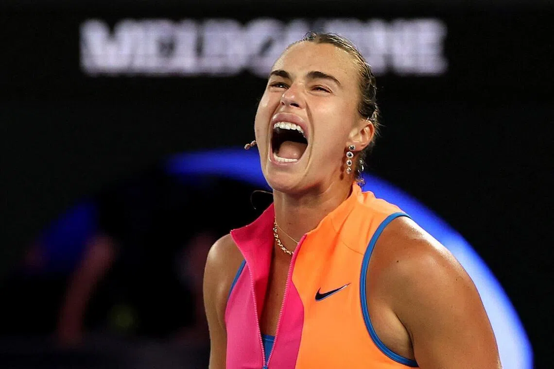 Belarus' Aryna Sabalenka shows her emotions during her semi-final match against Ukraine's Elina Svitolina.