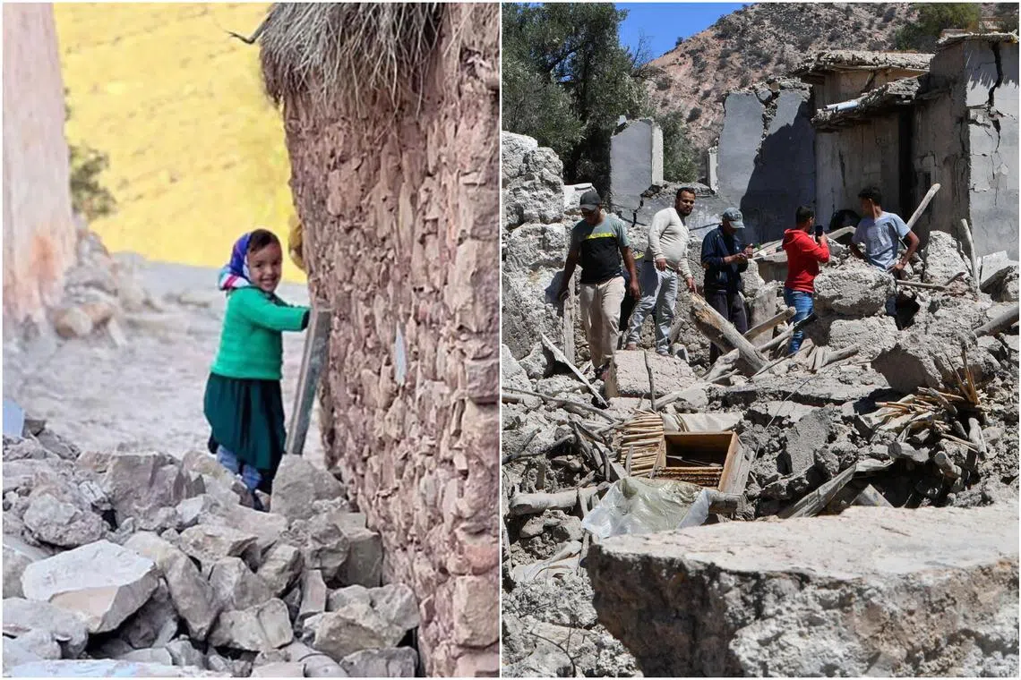 Zineb (left), a Moroccan girl, smiles at the camera while standing atop a mass of rubble in the region of Chichaoua.
