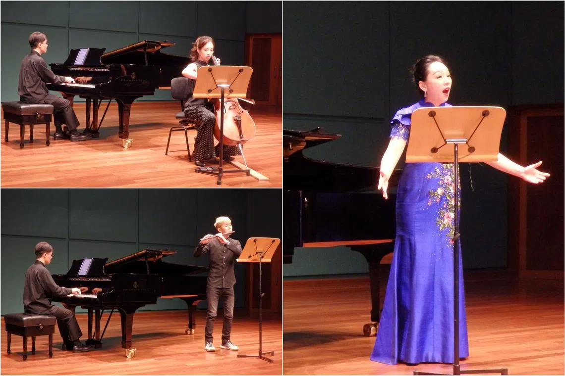 (Clockwise from left) Cellist Olivia Chuang, soprano He Miya and flautist Sin Jin How.