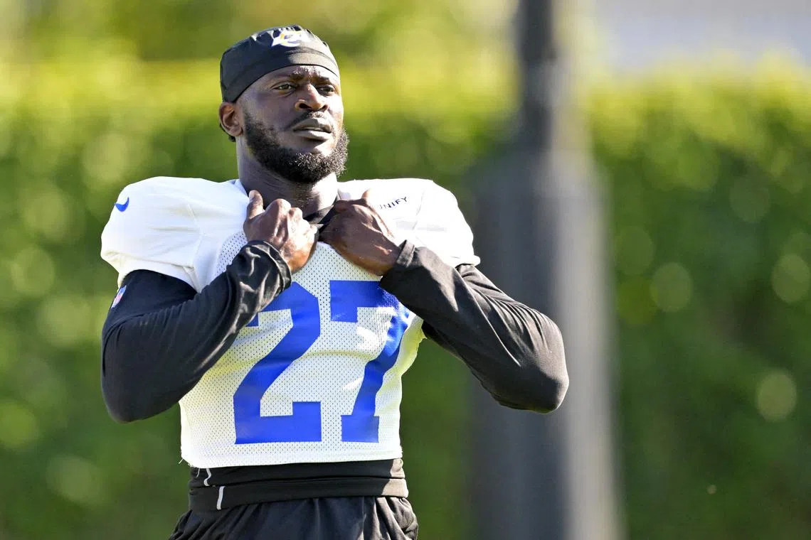 FILE PHOTO: Jul 29, 2024; Los Angeles, CA, USA; Los Angeles Rams cornerback Tre'Davious White (27) looks on during training camp at Loyola Marymount University. Mandatory Credit: Jayne Kamin-Oncea-USA TODAY Sports/File Photo