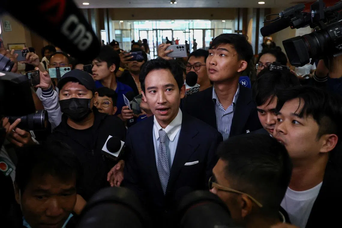 Former Move Forward Party leader Pita Limjaroenrat speaks to the members of the media in Bangkok, Thailand, August 7, 2024. REUTERS/Chalinee Thirasupa