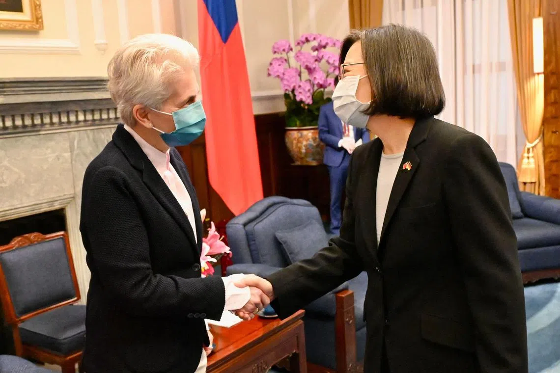 Taiwanese President Tsai Ing-wen (right) greeting Ms Marie-Agnes Strack-Zimmermann, a member of Germany's Parliament, at the presidential office in Taipei on Jan 10.