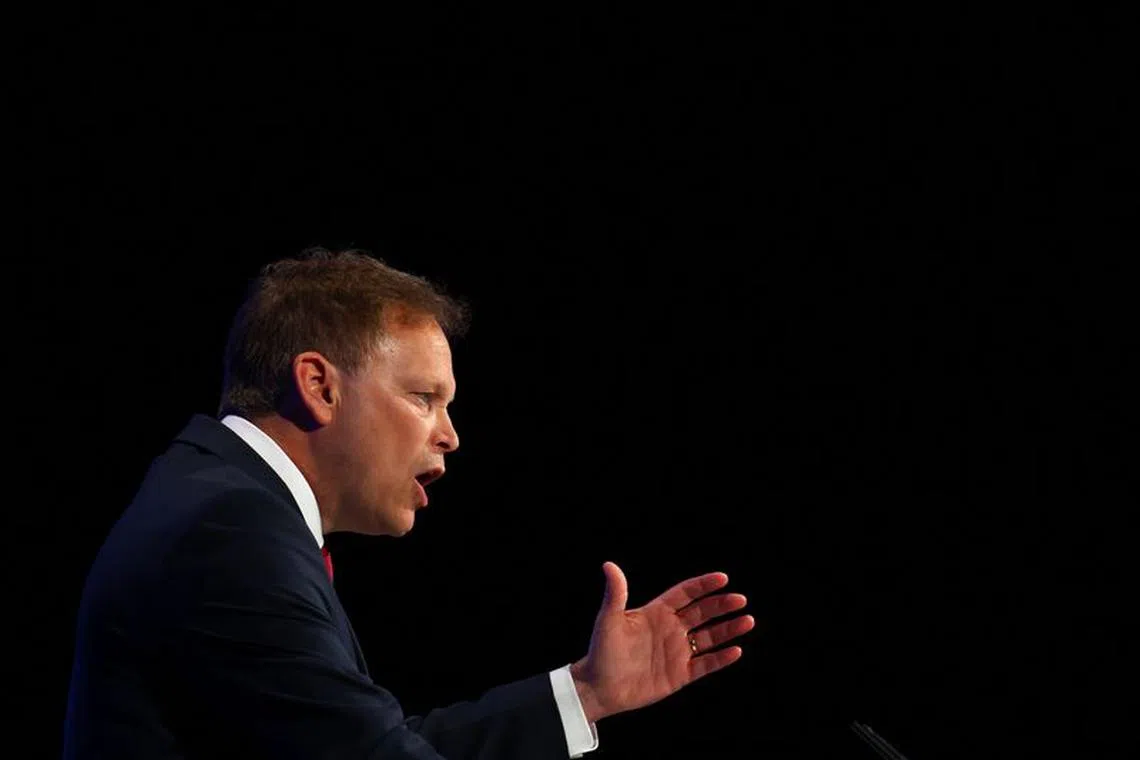 British Defence Secretary Grant Shapps speaks on stage at Britain's Conservative Party's annual conference in Manchester, Britain, October 1, 2023. REUTERS/Hannah McKay