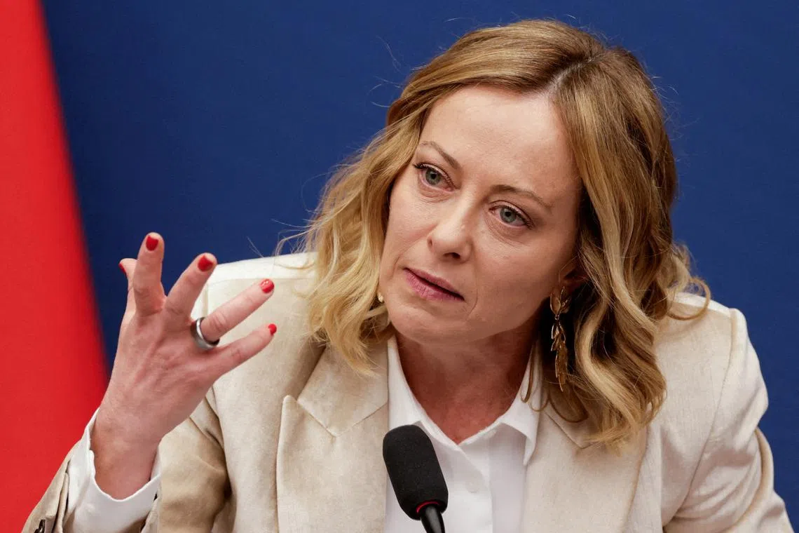 FILE PHOTO: Italy's Prime Minister Giorgia Meloni attends her end-of-year press conference in Rome, Italy, January 9, 2025. REUTERS/Remo Casilli/File Photo