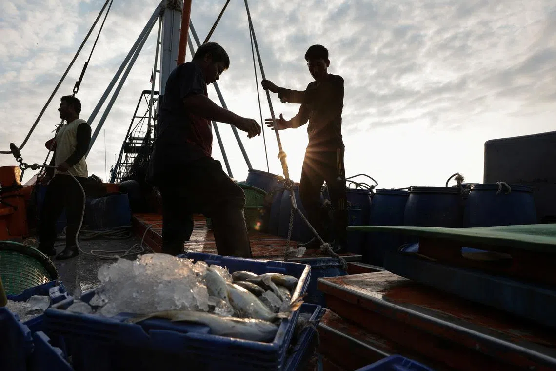 Fishermen transfer a container of catch from a trawler to a truck at a pier, as rising diesel prices have left many trawlers docked due to unprofitable operations, in Samut Sakhon province, Thailand, March 25, 2026.