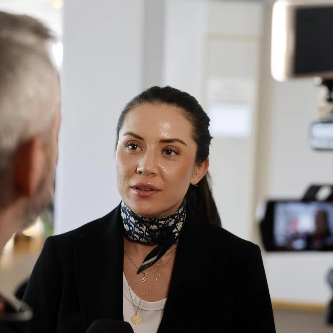 The defendant's lawyer, Ms Martina Michaelsdotter Olsson, is interviewed at the start of her client's trial in Harnosand, Sweden, on April 10.