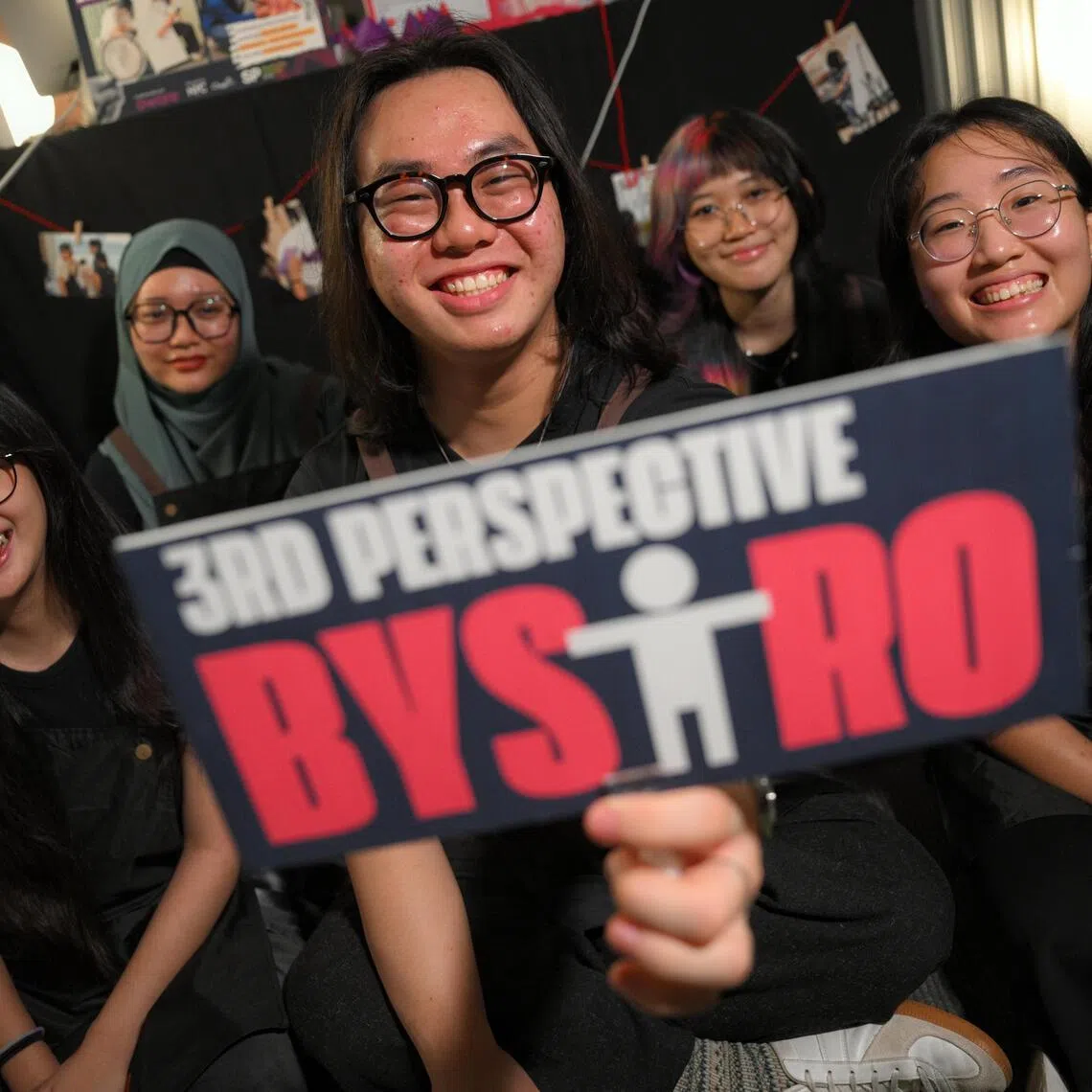 From left, 20-year-olds from Singapore Polytechnic Meredith Tan, Dian Azura Binte Riduan, Stephen Teo, Wen Qing and Ho Yue Ling, the team behind 3rd Perspective Bystro (a cafe-style concept that raises awareness on abuse), pictured on March 12, 2026.