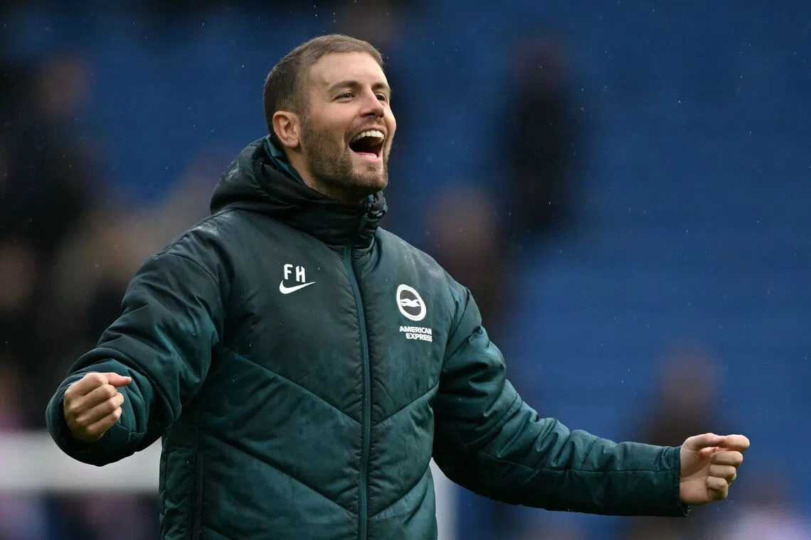 Brighton head coach Fabian Hurzeler celebrates after Brighton routed Crystal Palace 5-0.