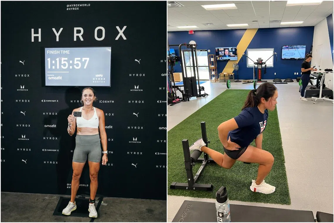 LPGA golfer Pauline Roussin-Bouchard (left) competed in a Hyrox event in 2025, and American golfer Auston Kim, who can deadlift 230 pounds, works out in the gym.