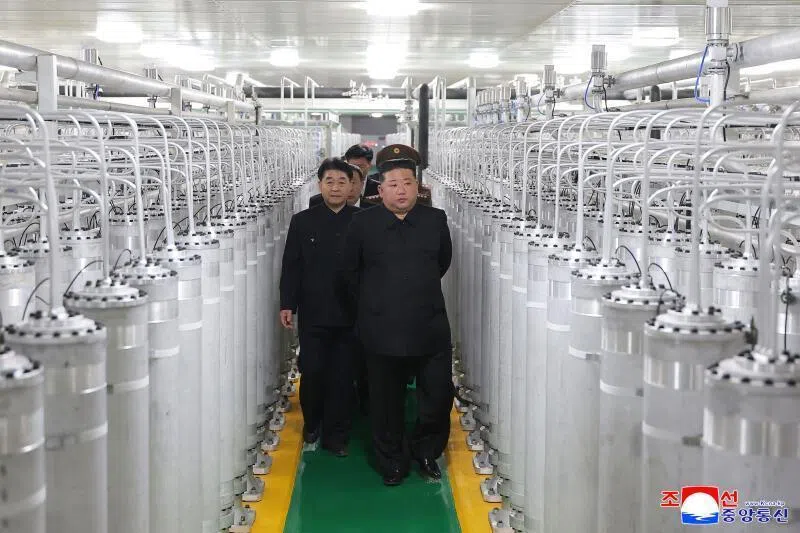 North Korean leader Kim Jong Un inspecting a newly-inaugurated nuclear materials production factory at an undisclosed location in the country on June 3.