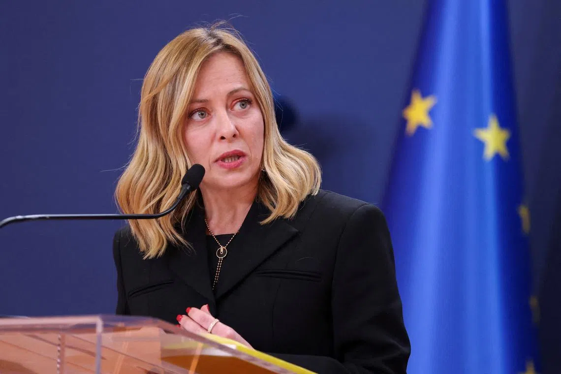 FILE PHOTO: Italian Prime Minister Giorgia Meloni speaks during a press conference in Belgrade, Serbia, December 3, 2023. REUTERS/Zorana Jevtic/File Photo