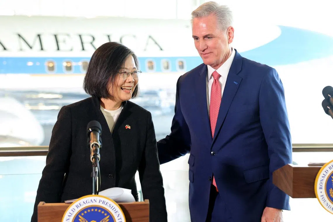 Taiwanese President Tsai Ing-wen and Speaker of the House Kevin McCarthy at the Ronald Reagan Presidential Library on April 5.