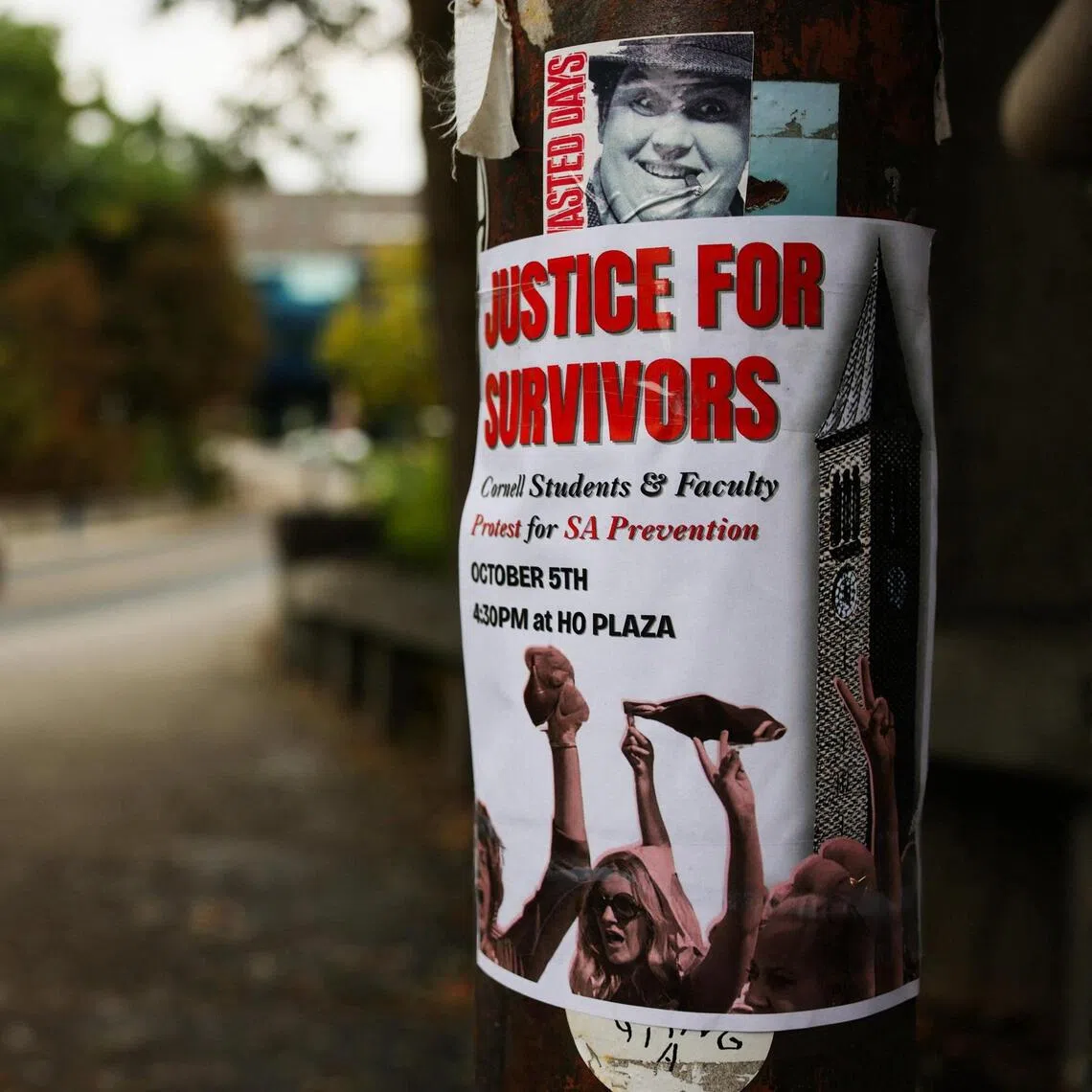 A poster advertising an upcoming protest for sexual assault prevention hanging on a post at Cornell University, amid the Chi Phi Lawsuit, on Oct 1.