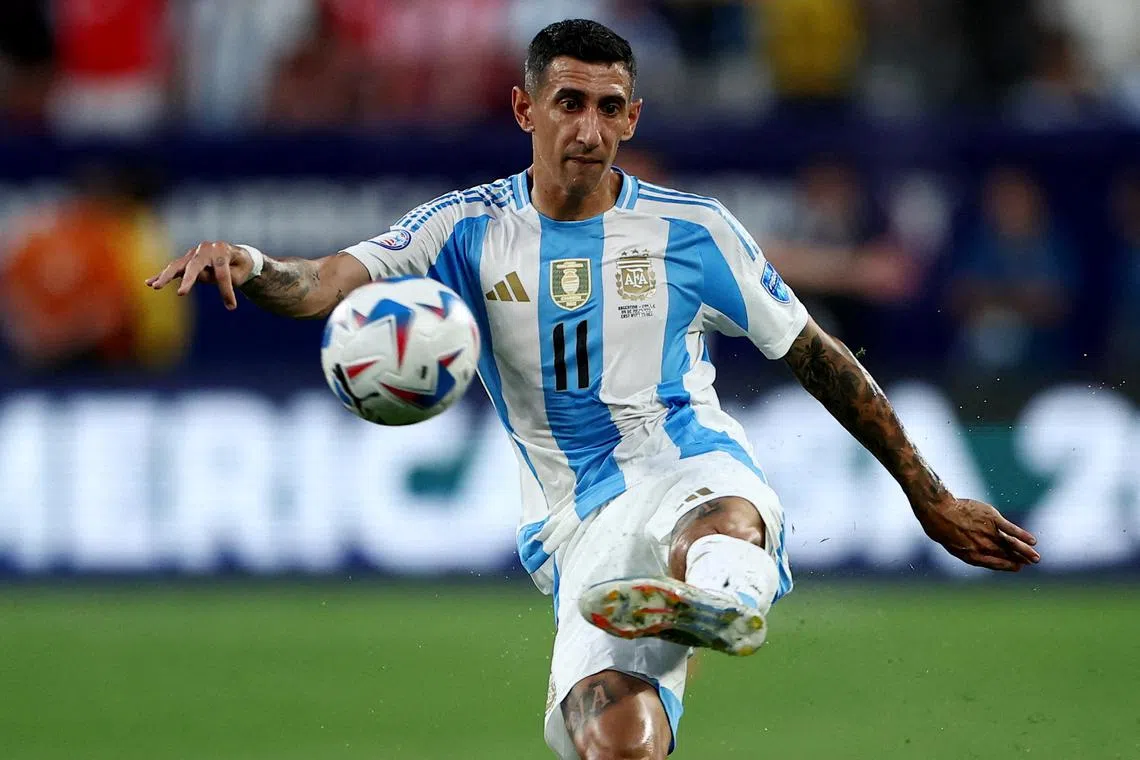 FILE PHOTO: Soccer Football - Copa America 2024 - Semi Final - Argentina v Canada - MetLife Stadium, East Rutherford, New Jersey, United States - July 9, 2024 Argentina's Angel Di Maria in action REUTERS/Agustin Marcarian/File Photo