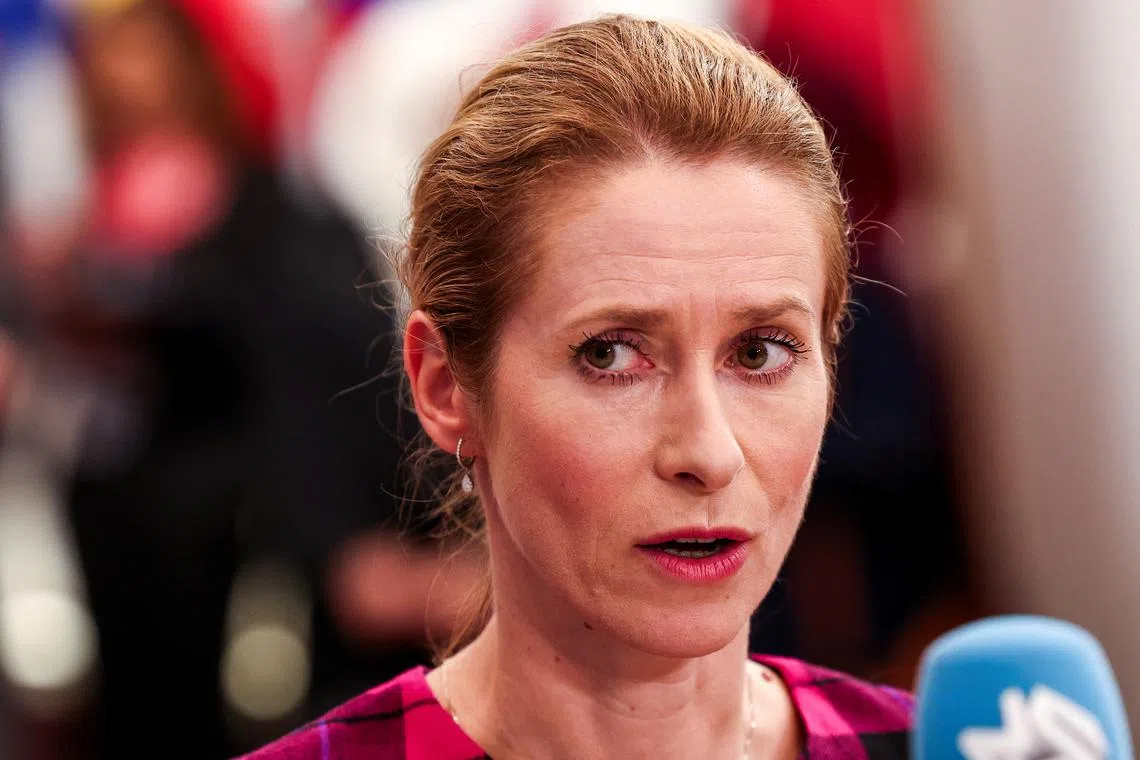 FILE PHOTO: European Union High Representative for Foreign Affairs and Security Policy Kaja Kallas speaks to the media as she arrives at the 5th EU-Southern Neighbourhood Ministerial meeting in Brussels, Belgium, July 14, 2025. REUTERS/Yves Herman/File Photo