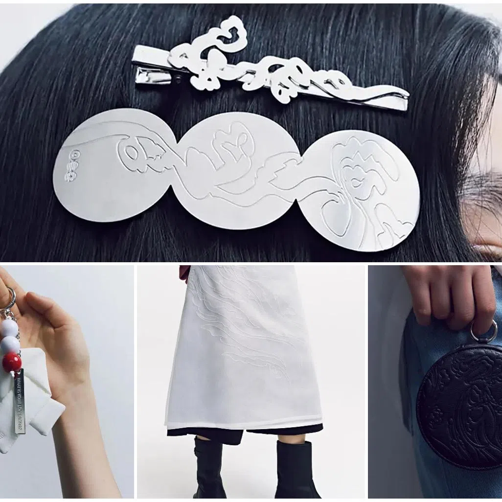 (Clockwise from top) A hairpin and hair clip,  card holder, layered skirt, and keychain released in collaboration with BTS and MU:DS.