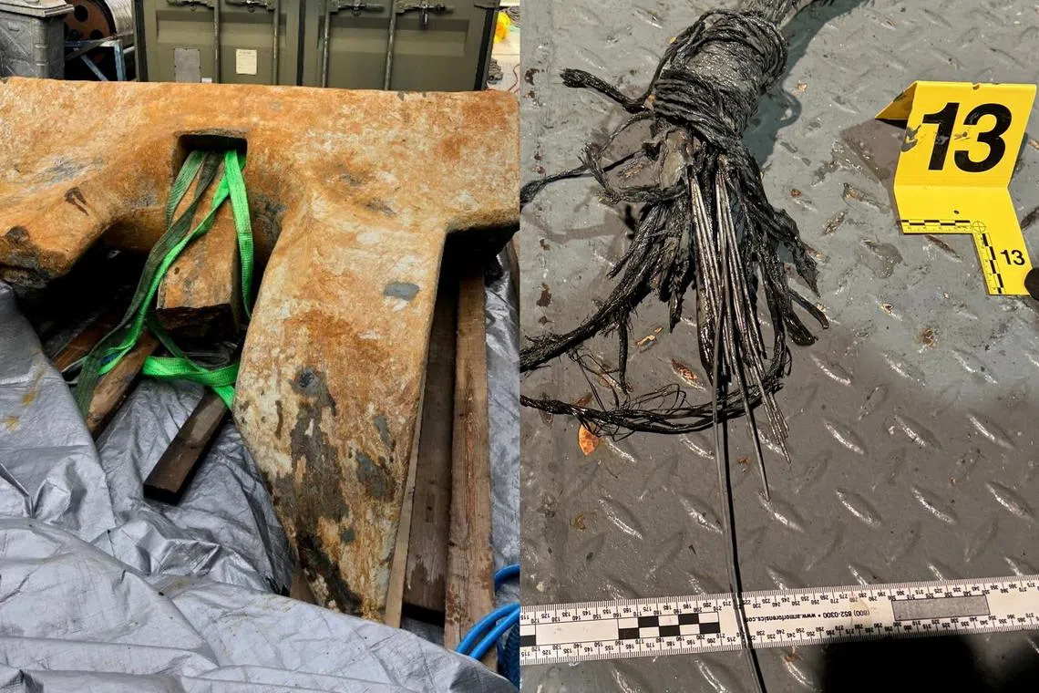 A large anchor (left), believed to belong to a Chinese ship, was found near the damaged pipeline (right).