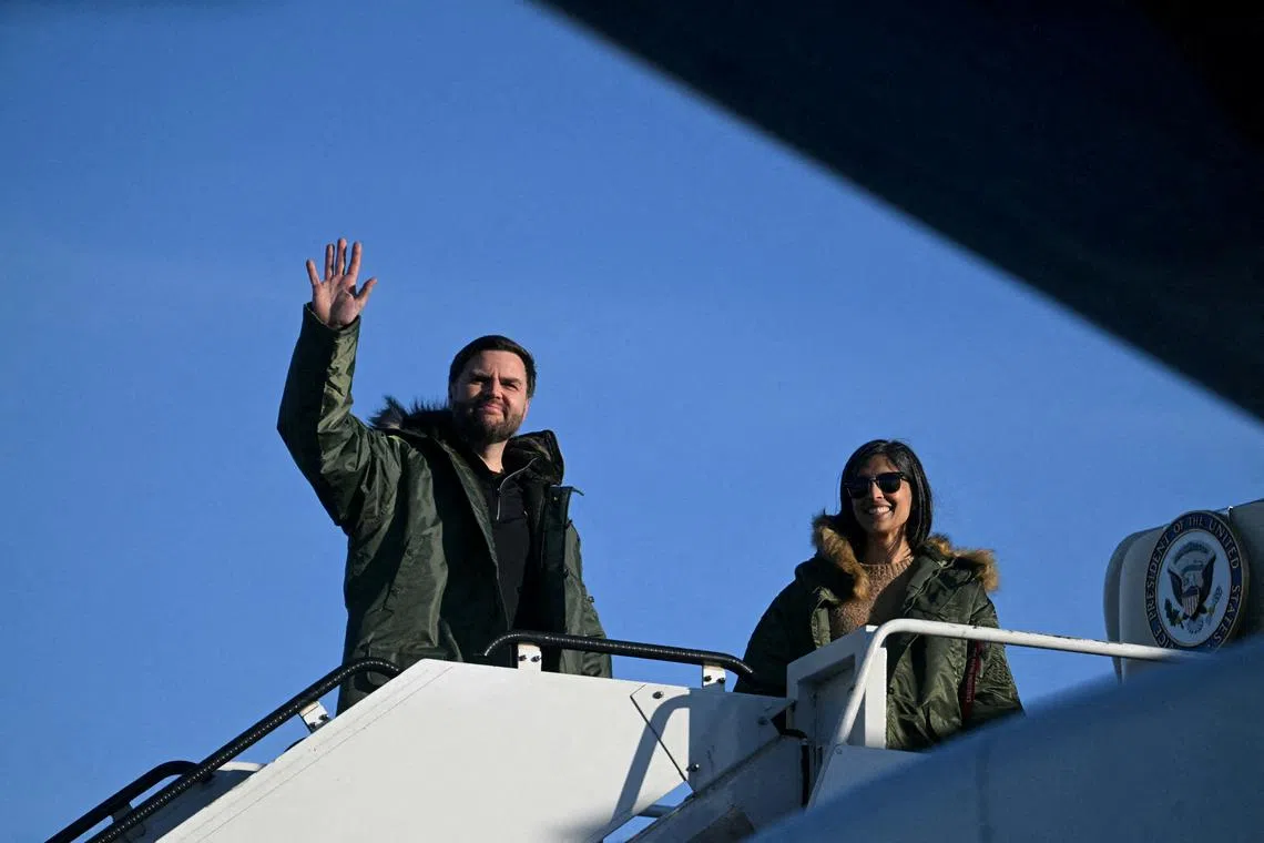 FILE PHOTO: U.S. Vice President JD Vance and second lady Usha Vance board Air Force Two after touring the U.S. military's Pituffik Space Base in Greenland on March 28, 2025. Jim Watson/Pool via REUTERS/File Photo