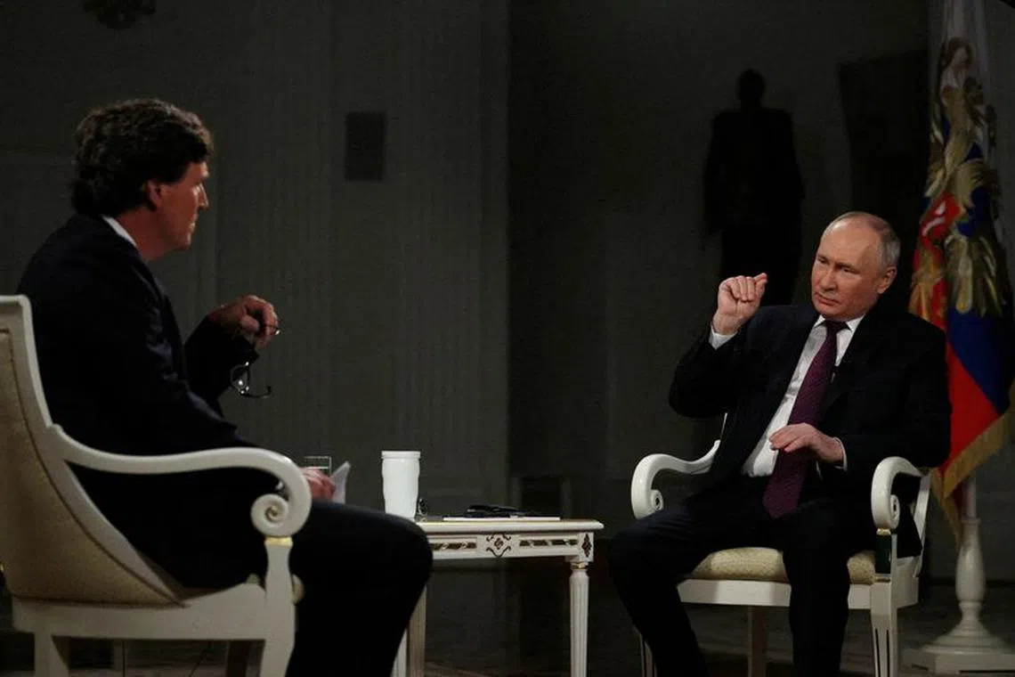 FILE PHOTO: Russian President Vladimir Putin speaks during an interview with U.S. television host Tucker Carlson in Moscow, Russia February 6, 2024. Sputnik/Gavriil Grigorov/Kremlin via REUTERS/File Photo