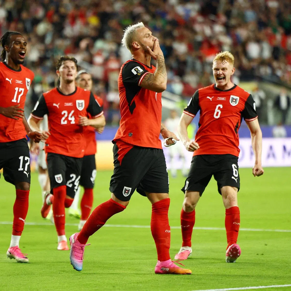 Soccer Football - FIFA World Cup 2026 - Group J - Austria v Jordan - San Francisco Bay Area Stadium, Santa Clara, California, U.S. - June 16, 2026 Austria's Marko Arnautovic celebrates scoring their third goal REUTERS/Eloisa Lopez