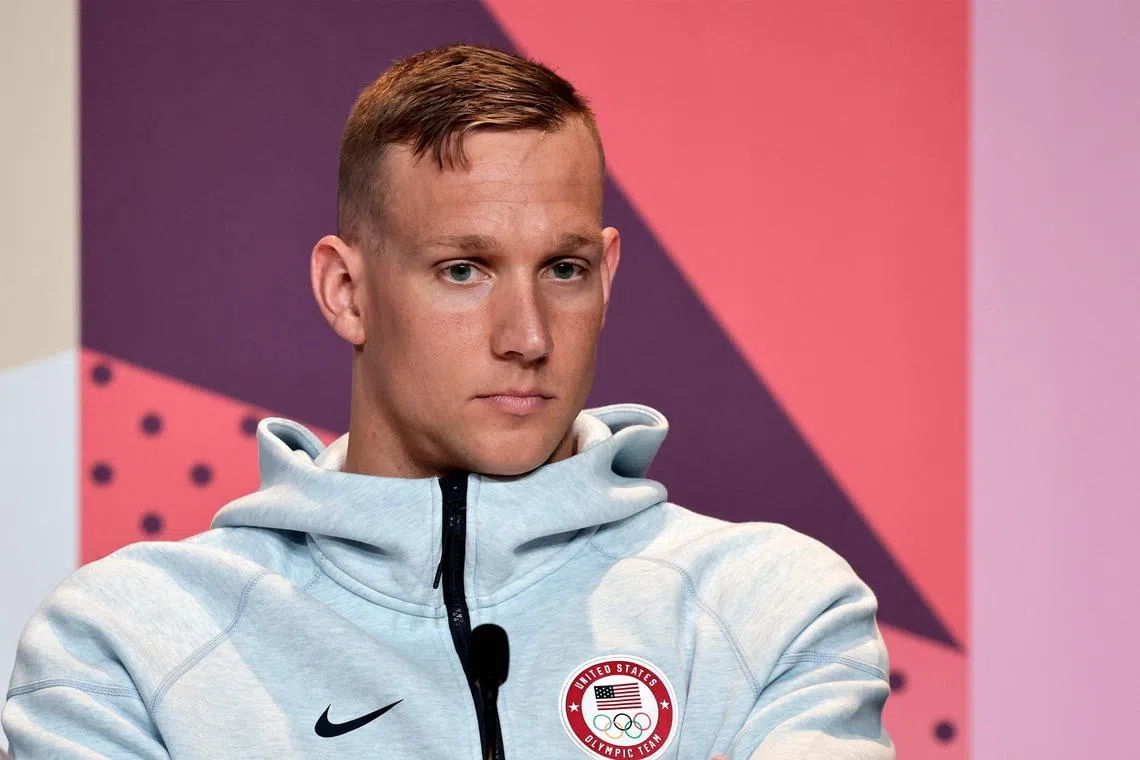 US swimmer Caeleb Dressel attends the World Aquatics Olympic press conference ahead of the Paris 2024 Olympic Games.