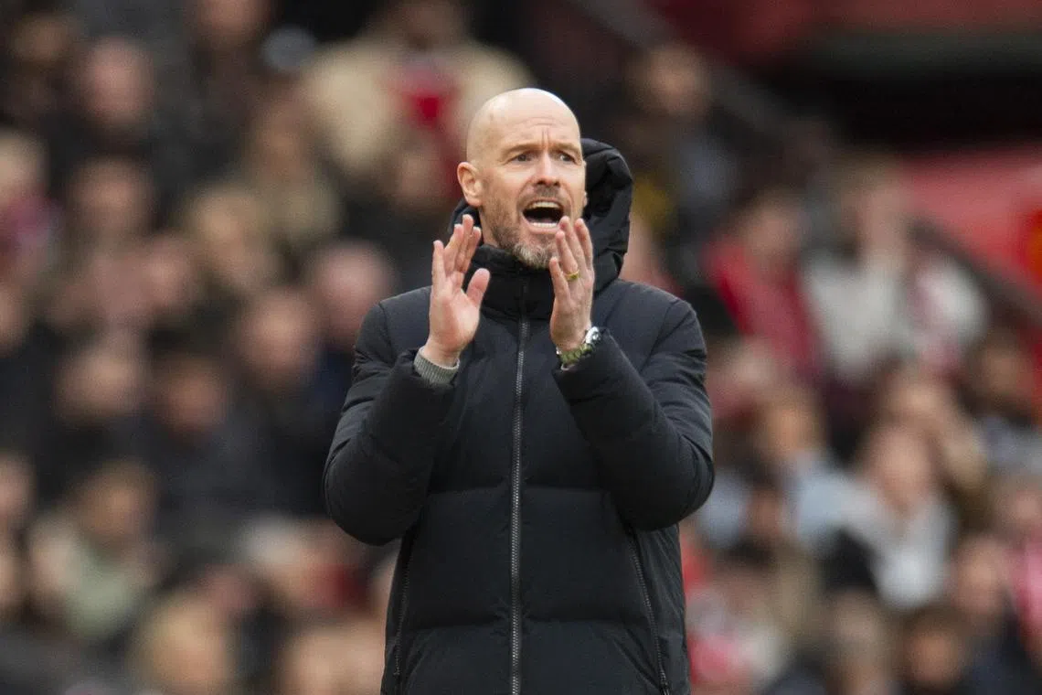 epa11177866 Eric ten Hag manager of Manchester United gestures during the English Premier League match between Manchester United and Fulham FC, in Manchester, Britain, 24 February 2024.  EPA-EFE/PETER POWELL EDITORIAL USE ONLY. No use with unauthorized audio, video, data, fixture lists, club/league logos, 'live' services or NFTs. Online in-match use limited to 120 images, no video emulation. No use in betting, games or single club/league/player publications.