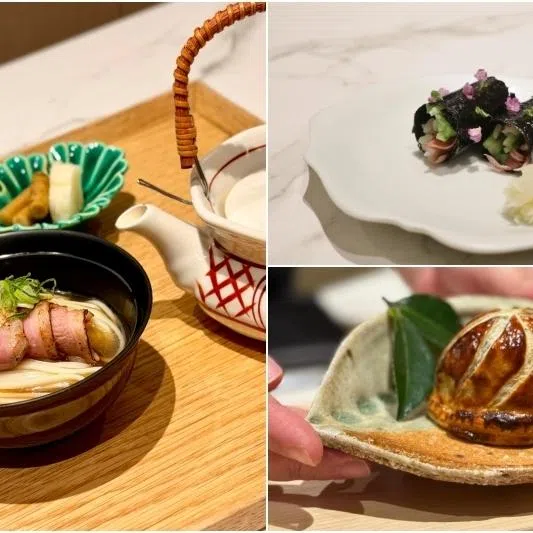 (Clockwise from left) Hiyamugi noodles in duck dashi with smoked, Nori rolls filled with firefly squid, and chopped fatty tuna, and Abalone Pithivier at Kou.