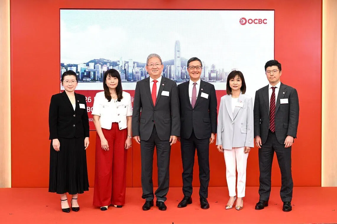 (From left) OCBC Hong Kong economist Cindy Keung, OCBC Hong Kong head of consumer financial services Josephine Lee, OCBC Hong Kong head of Greater China and CEO Wang Ke, OCBC Hong Kong head of wholesale banking Johnny Wei, OCBC Hong Kong head of emerging business Ruby Yiu and OCBC Hong Kong head of global markets Kerry Ge.