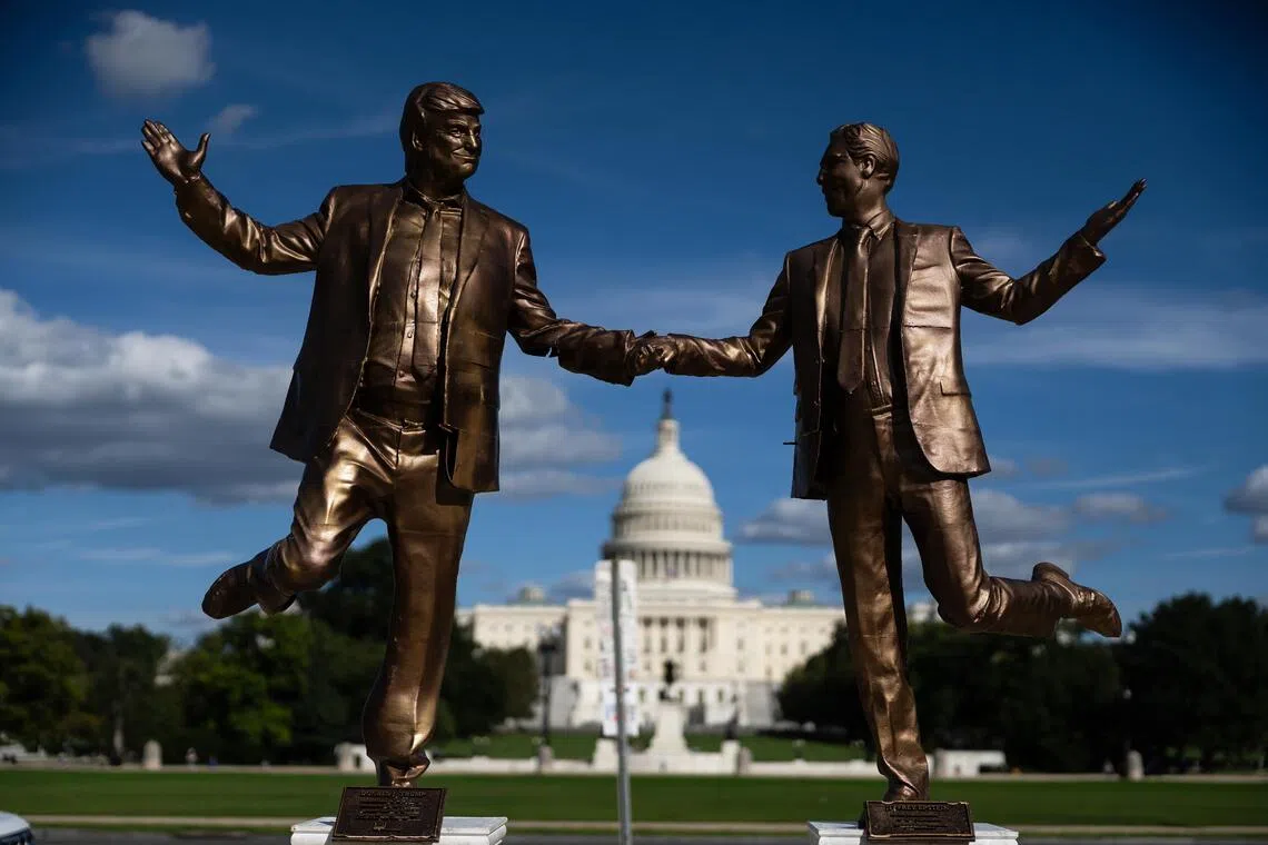 A statue depicting US President Donald Trump and disgraced financier Jeffrey Epstein holding hands on the National Mall in Washington on Oct 2.