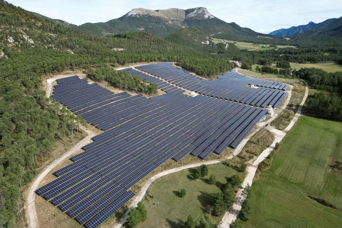 Solar panels are installed on the site of the Prealpes d'Azur Regional Natural Park, in Saint-Auban near Nice, southern France, Oct 23, 2023. 