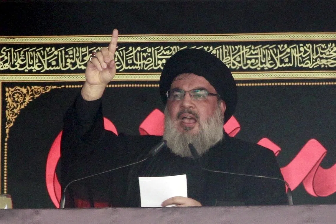 FILE PHOTO: Lebanon's Hezbollah leader Sayyed Hassan Nasrallah addresses his supporters during a public appearance at a religious procession to mark Ashura in Beirut's southern suburbs October 24, 2015. REUTERS/Aziz Taher/File Photo