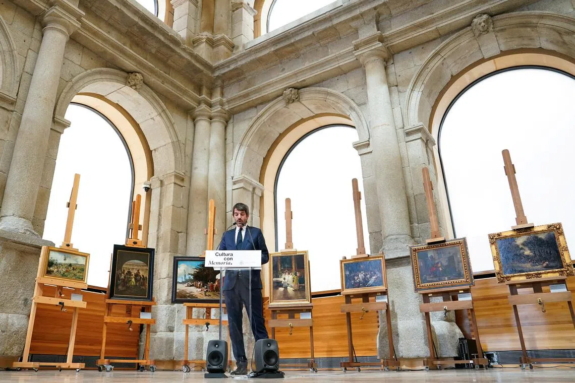 Ernest Urtasun, Minister of Culture, gives a speech during a ceremony held by the Spanish government returning paintings to the family of Pedro Rico, former mayor of Madrid, stolen during the Spanish Civil War, at the Prado Museum in Madrid, Spain, May 22, 2025. REUTERS/Ana Beltran