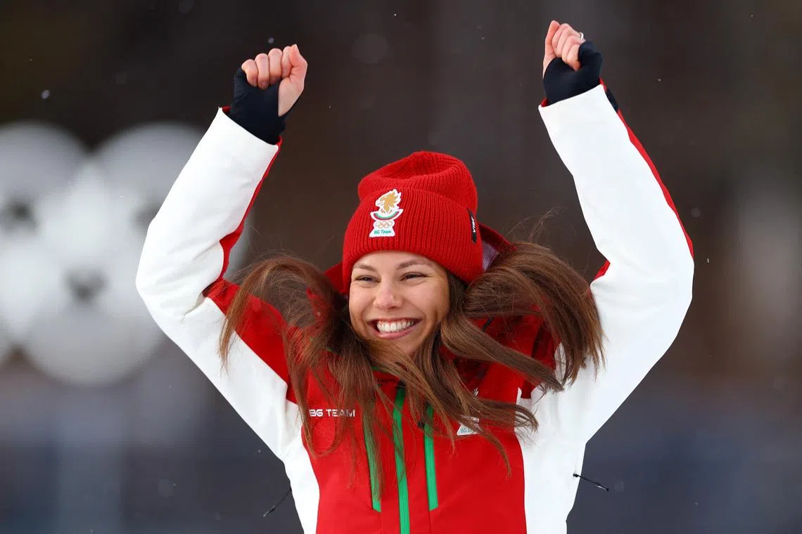 Milano Cortina 2026 Olympics - Biathlon - Women's 15km Individual Victory Ceremony - Anterselva Biathlon Arena, South Tyrol, Italy - February 11, 2026.  Bronze medallist Lora Hristova of Bulgaria celebrates on the podium during the victory ceremony REUTERS/Matthew Childs