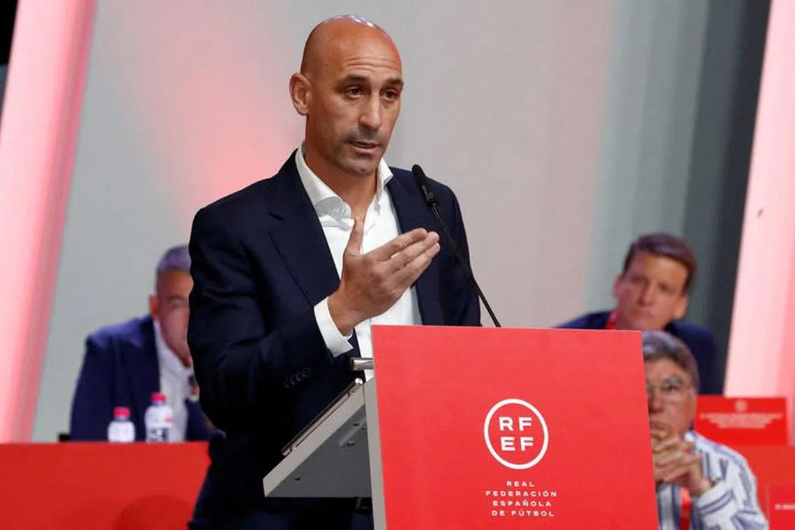 FILE PHOTO: Soccer Football - Spanish Soccer Federation Meeting - Ciudad Del Futbol Las Rozas, Las Rozas, Spain - August 25, 2023  President of the Royal Spanish Football Federation Luis Rubiales announces he will be staying as president during the meeting RFEF/Handout via REUTERS/File Photo