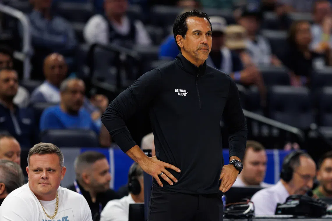 Oct 12, 2025; Orlando, Florida, USA; Miami Heat Head Coach Erik Spoelstra looks on against the Orlando Magic during the first half at Kia Center. Mandatory Credit: Matt Pendleton-Imagn Images
