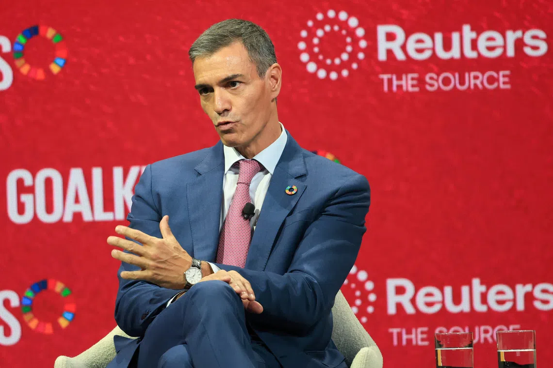 Spanish Prime Minister Pedro Sanchez speaks during an interview with Reuters Editor-in-Chief Alessandra Galloni (not pictured) during the annual Gates Foundation's Goalkeepers Summit in Manhattan, New York City, U.S., September 22, 2025. REUTERS/Caitlin Ochs