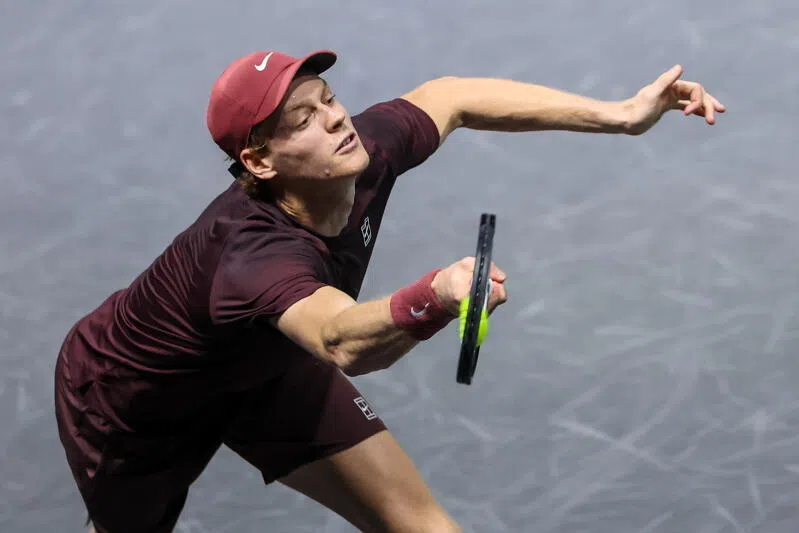 Jannik Sinner of Italy in action during his second round match against Zizou Bergs of Belgium at the ATP Paris Masters tennis tournament in Nanterre, France.