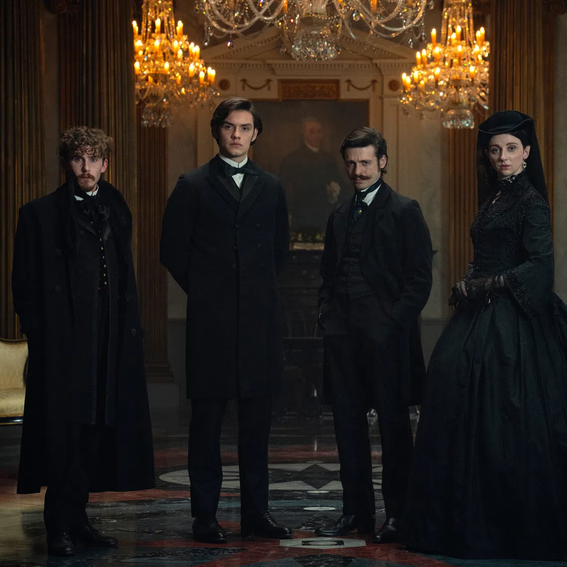 (From left) Fionn O'Shea, Louis Partridge, Anthony Boyle and Emily Fairn in House Of Guinness.
