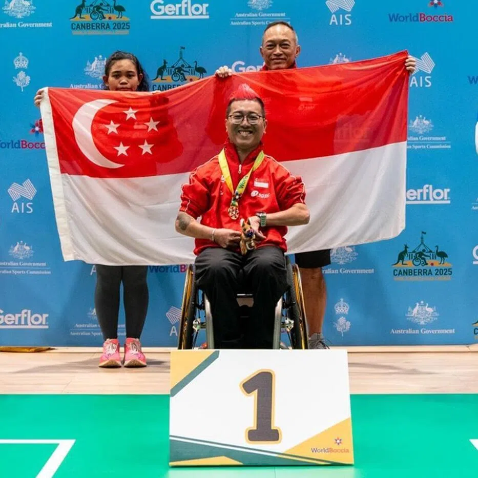 (From left) Mongolia's Munkhdemberel Togootogtokh, Jovin Tan and Chinese Taipei's Chia-Sheng Liu during the medal ceremony of the men's BC1 category.