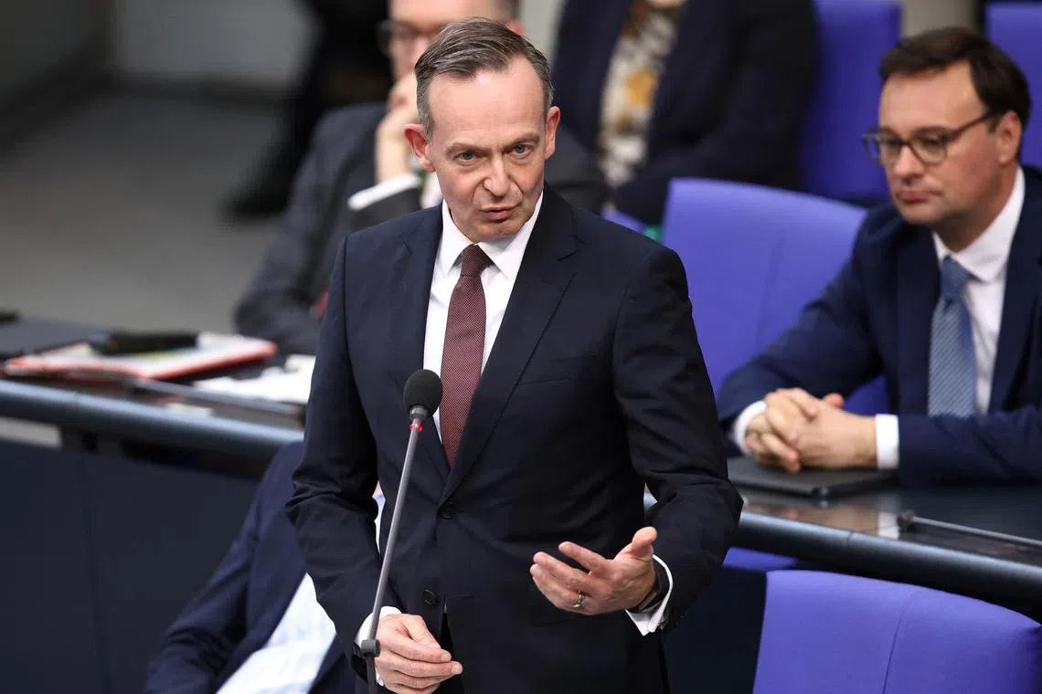German Transport Minister Volker Wissing answers lawmakers' questions during a session of the lower house of parliament, Bundestag, in Berlin, Germany, April 10, 2024. REUTERS/Liesa Johannssen