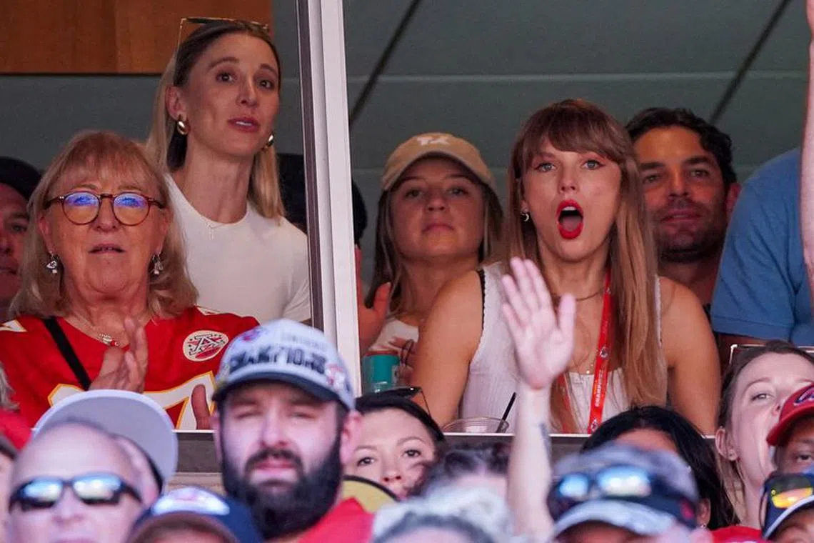 FILE PHOTO: Sep 24, 2023; Kansas City, Missouri, USA; Taylor Swift reacts while watching the Kansas City Chiefs vs Chicago Bears game during the first half at GEHA Field at Arrowhead Stadium. Mandatory Credit: Denny Medley-USA TODAY Sports/File Photo