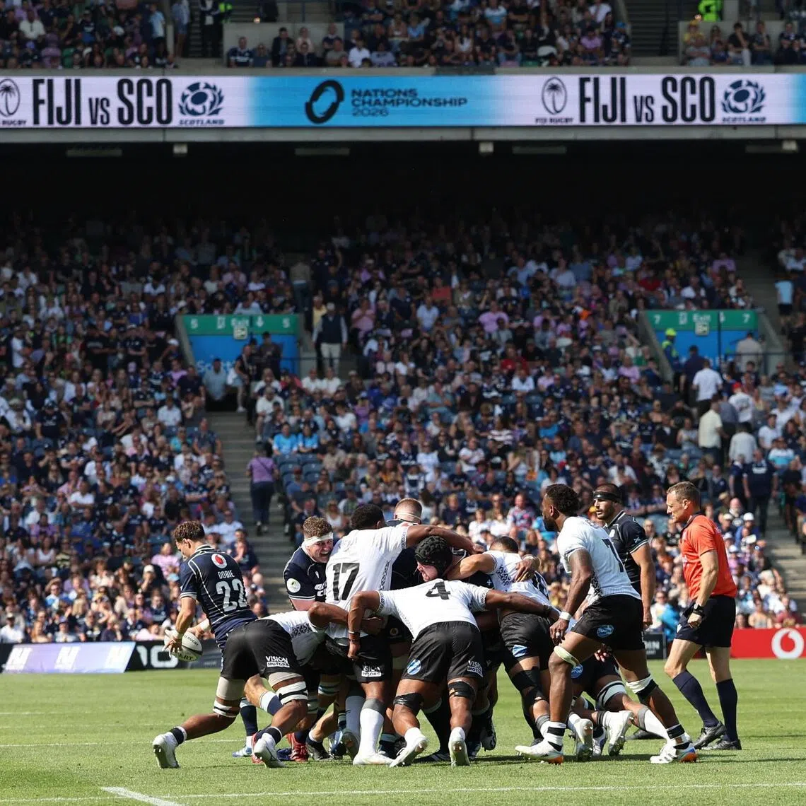 Scotland (in blue) and Fiji in a scrum in their Nations Championship rugby match at Murrayfield on July 18, 2026.