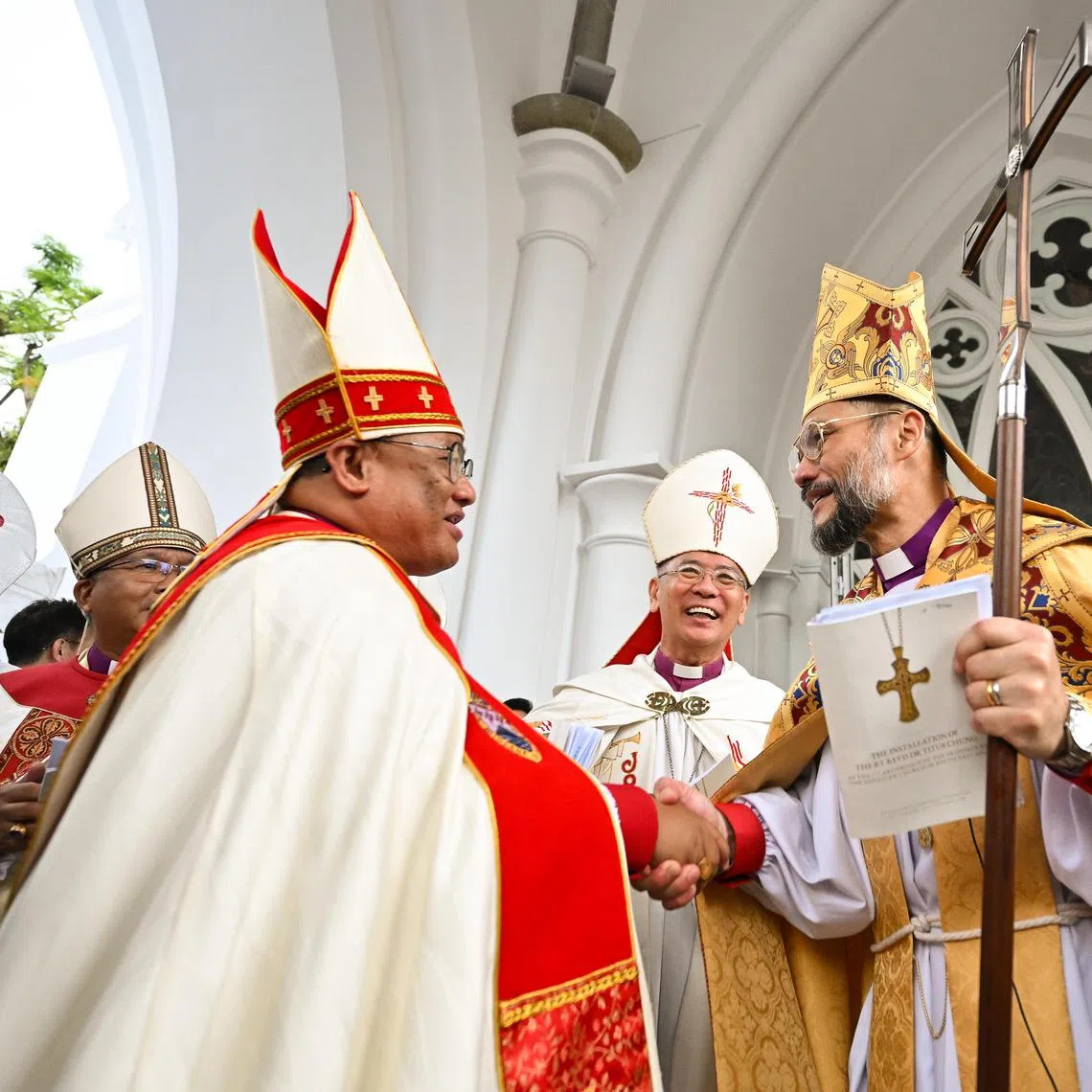 ST20240123-202482060825-Lim Yaohui-Tan Wei Xuan-wxchurch/

Bishop of Sabah Melter Tais (left) shaking hand with Archbishop Titus Chung at the end of the installation of the new archbishop of South East Asia at St AndrewÕs Cathedral on Jan 23, 2024. 

The Bishop of Singapore, the Right Reverend Dr Titus Chung, will be installed as the 7th Archbishop of the Province of the Anglican Church in South East Asia at St AndrewÕs Cathedral on Jan 23, 2024. 
 
(ST PHOTO: LIM YAOHUI)