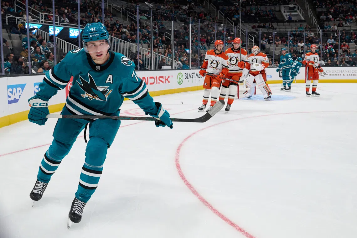 Sep 24, 2026; San Jose, California, USA; San Jose Sharks center Macklin Celebrini (71) looks on against the Anaheim Ducks during the second period at SAP Center at San Jose. Mandatory Credit: Robert Edwards-Imagn Images