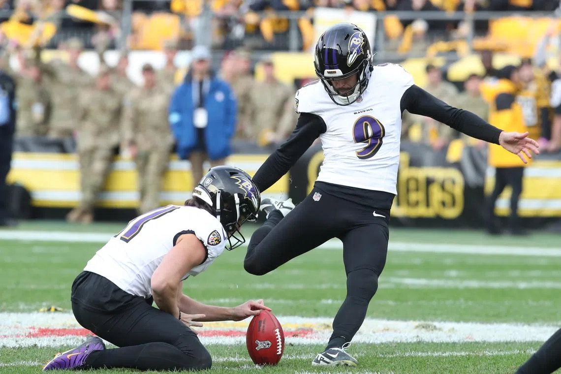 Nov 17, 2024; Pittsburgh, Pennsylvania, USA;  Baltimore Ravens place kicker Justin Tucker (9) kicks a field goal against the Pittsburgh Steelers during the third quarter at Acrisure Stadium. Mandatory Credit: Charles LeClaire-Imagn Images/ File Photo
