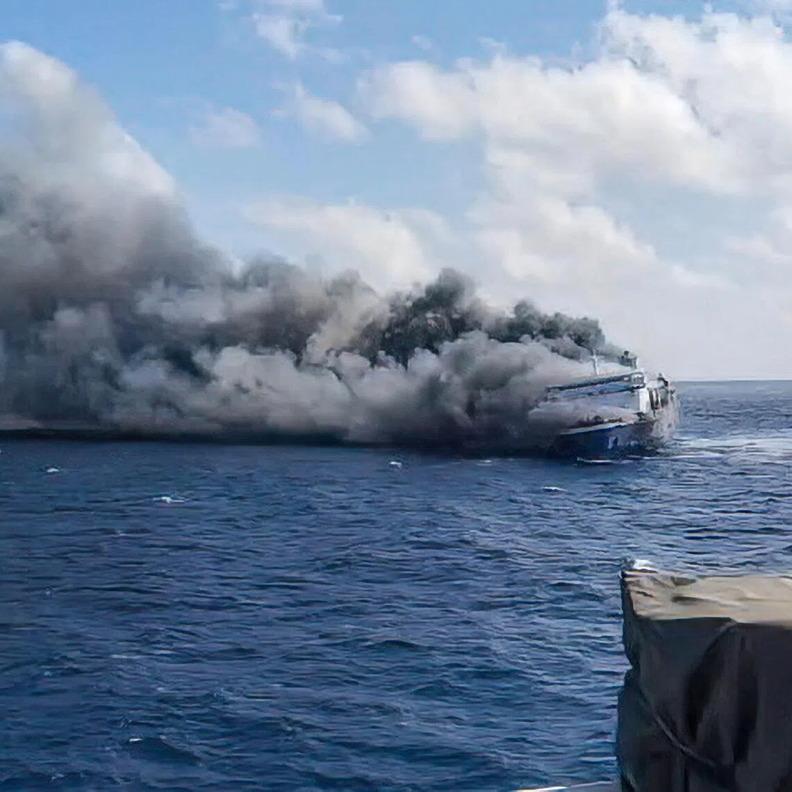 The passenger ship Mutiara Sentosa 2 catching fire in the waters off Madura island, East Java. The Indonesian ferry caught fire while at sea.